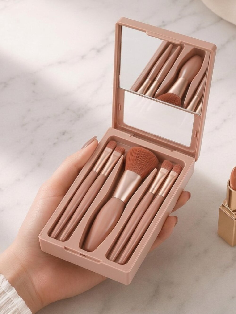Small Portable Travel Makeup Brush Set with Mirror Cosmetic Brushes Kit 5pcs